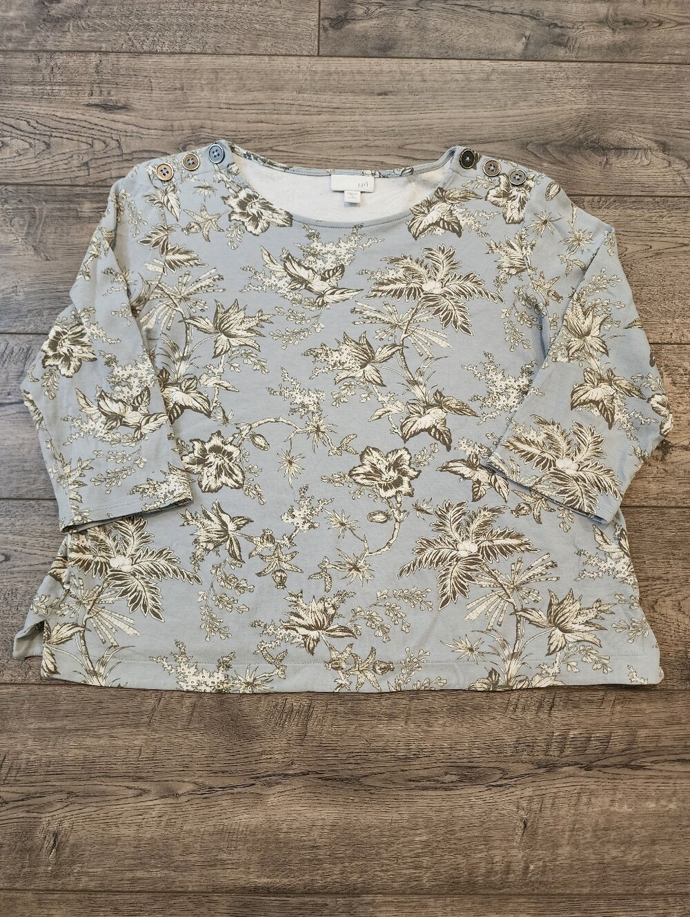 J Jill Womens Top Floral Print Size Small 3/4 Sleeve Blue-Gray Button Shoulder